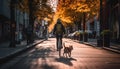 A purebred bulldog walks on leash through city streets at dusk generative AI