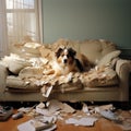 Purebred domestic dog lying on couch around messy room with papers and clothes around. Playful untidy dog
