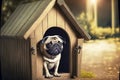 Purebred funny pug sitting in wooden doghouse