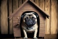 Purebred funny pug sitting in wooden doghouse