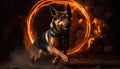 Purebred German Shepherd obediently sits, tongue out, guarding in darkness generated by AI