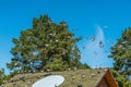 Purebred pigeons are sent to flight. Landmark for pigeons - a light circle on the roof of the dovecote.