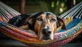 Purebred puppy and mixed breed hound playing outdoors in hammock generated by AI