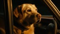 Purebred retriever puppy sitting, looking out car window generated by AI Royalty Free Stock Photo