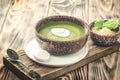 Puree cream soup of green leaf lettuce, spinach and cheese Royalty Free Stock Photo