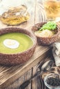 Puree cream soup of green leaf lettuce, spinach and cheese Royalty Free Stock Photo