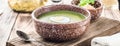 Puree cream soup of green leaf lettuce, spinach and cheese Royalty Free Stock Photo