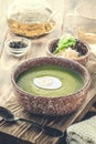 Puree cream soup of green leaf lettuce, spinach and cheese Royalty Free Stock Photo