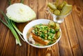 Puree soup with green peas, pickled cucumbers and croutons Royalty Free Stock Photo