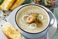 Puree soup mushrooms with croutons in a bowl