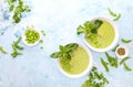 Pureed edamame soup with fresh herbs seasoning  top down view Royalty Free Stock Photo