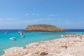 The purest emerald water off the coast of  Cala Comte, beach Cala Escondida. Ibiza, Balearic Islands. Spain Royalty Free Stock Photo