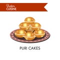 Puri cakes on plate with ornament isolated illustration