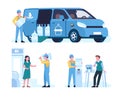 Purified water delivery service to office and home. Worker changing bottle of cooler. Courier automobile van. Man Royalty Free Stock Photo