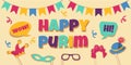 Purim background. Birthday party banner with clown hat, mask and paper glasses, happy items for jewish carnival. Festive Royalty Free Stock Photo