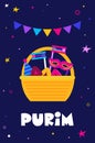 Purim basket, Purim gift basket with foods, wine, gragger and carnival costume accessories on pink, web banner