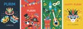 Purim carnival cards, festival cartoon posters with confetti and masks. Festive greetings banners, party invitation