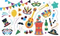 Purim carnival clipart. Festive masks, musical instruments, party hat and confetti. Props and accessories, jewish