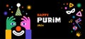 Purim Carnival, Happy Carnival, colorful geometric background with clown, splashes, speech bubbles, masks and confetti