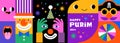 Purim Carnival, Happy Carnival, colorful geometric background with clown, splashes, speech bubbles, masks and confetti