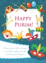 Purim carnival poster, invitation, flyer. Templates for your design with mask, hamantaschen, clown, balloons, Grager