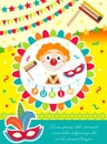 Purim carnival poster, invitation, flyer. Templates for your design with mask, hamantaschen, clown, balloons, Grager