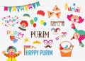 Purim clipart with carnival elements. Happy Purim Jewish festival, carnival, Purim props icons. Vector- Happy purim