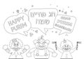 Purim coloring page with funny clowns -can be used for kids fun activity , educate and learning- vector- Happy purim