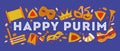 Purim design template composition. Title Happy Purim with traditional objects and food - rattle