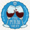 Greetings and Wine Glasses Toasting for Traditional Jewish PurimÃÂ´s Celebration, Vector Illustration