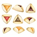 Purim Haman ears cookies, set of traditional Jewish holiday hamantaschen dessert with different fillings