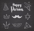 Purim Hand drawn icons set. Traditional Jewish holiday doodles elements. vector illustration on chalkboard background Royalty Free Stock Photo