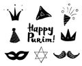 Purim Hand drawn icons set. Traditional Jewish holiday doodles elements. vector illustration isolated on white background