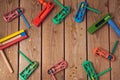 Purim holiday concept with noisemakers on wooden background.