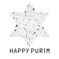 Purim holiday flat design black thin line icons set in star of d Royalty Free Stock Photo