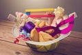 Purim holiday gifts with hamantaschen cookies and candy Royalty Free Stock Photo