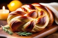Purim pastries, traditional Jewish dish, national Jewish cuisine, Homemade bread Braided challah, Traditional Shabbat