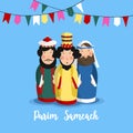 Purim Sameach holiday greeting card for the Jewish festival. Hand drawn king Ahasuerus, Haman and Mordecai and party