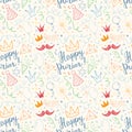 Purim seamless pattern. Traditional Jewish holiday elements, hand drawn background. vector illustration