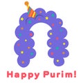 Purim in vintage style on white background. Cartoon greeting card with purim. Greeting colorful card . Vector illustration. Vector