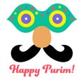 Purim in vintage style on white background. Cartoon greeting card with purim. Greeting colorful card . Vector illustration. Vector