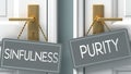 Purity or sinfulness as a choice in life - pictured as words sinfulness, purity on doors to show that sinfulness and purity are Royalty Free Stock Photo