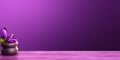 Blank purple dark wall, flower and wooden floor copy space blurred background