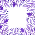 Purple abstract hyacinth and leaves frame border. Hand drawn watercolor isolated on white background. Can be used for cards,