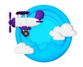 Purple airplane with clouds flying on blue background. transportation concept. Plasticine style Royalty Free Stock Photo