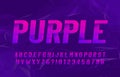 Purple alphabet font. Italic type letters and numbers. Abstract background.