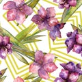 Purple amaryllis flower. Watercolor illustration set. Seamless background pattern. Fabric wallpaper print texture.