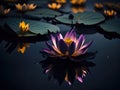 Purple lotus blossom on dark pond with yellow pollen in center, waterlily with reflection in pond