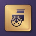 Purple Ancient Greece chariot icon isolated on purple background. Gold square button. Vector