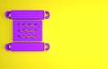 Purple Ancient papyrus scroll icon isolated on yellow background. Parchment paper. Ancient Egypt symbol. Minimalism